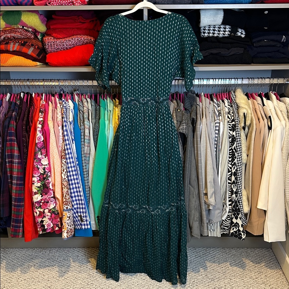 Shyanne teal/silver metallic threads short sleeve lined maxi dress size S NWT - Picture 3 of 4
